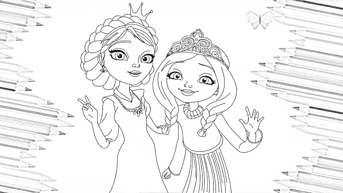 Раскраска Две царевны с коронами и косами, улыбающиеся, фон с карандашами и бабочкой