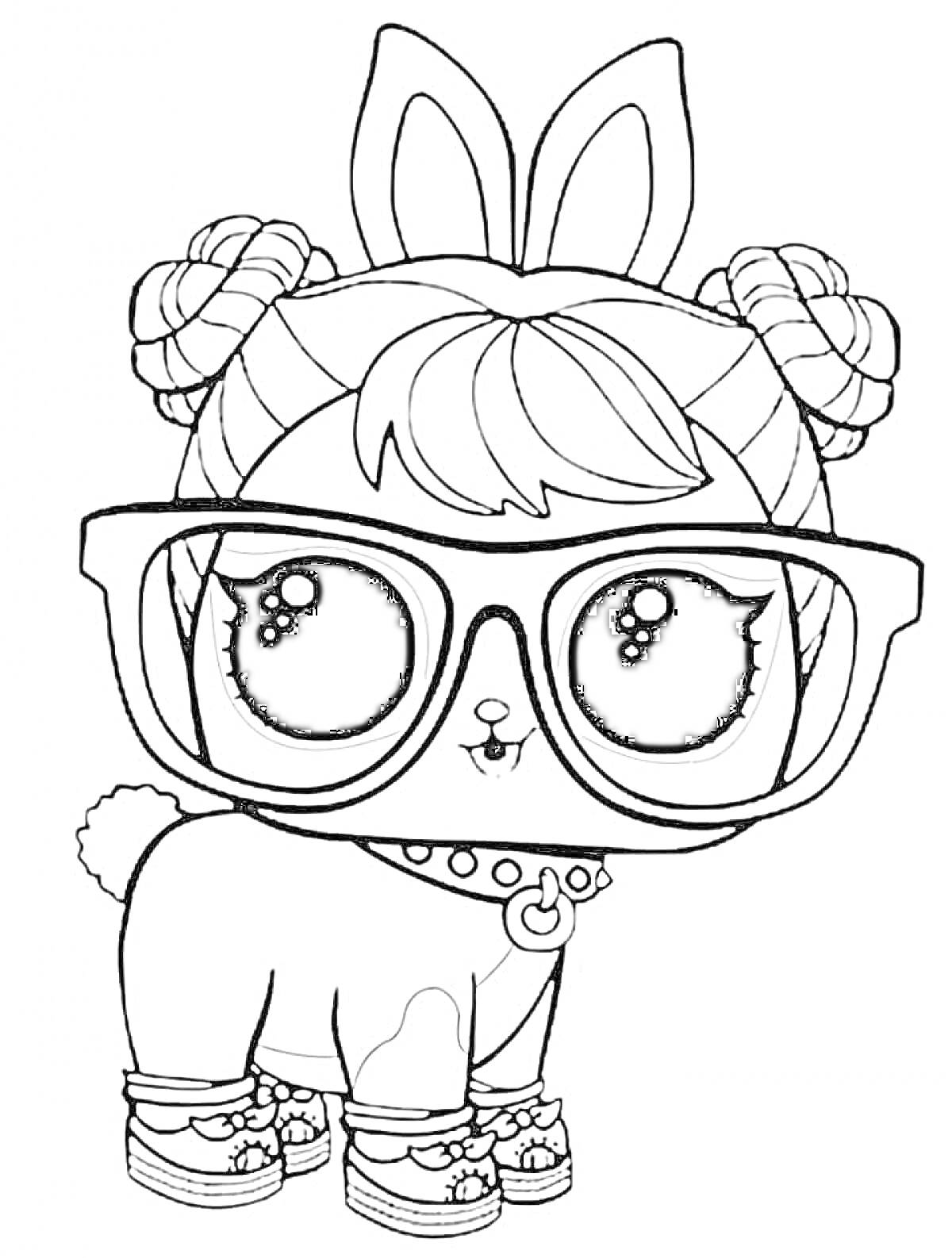 Раскраска Кукла LOL с большими очками, ушками зайчика, узелками на голове, хвостиком и собачьими лапками в обуви