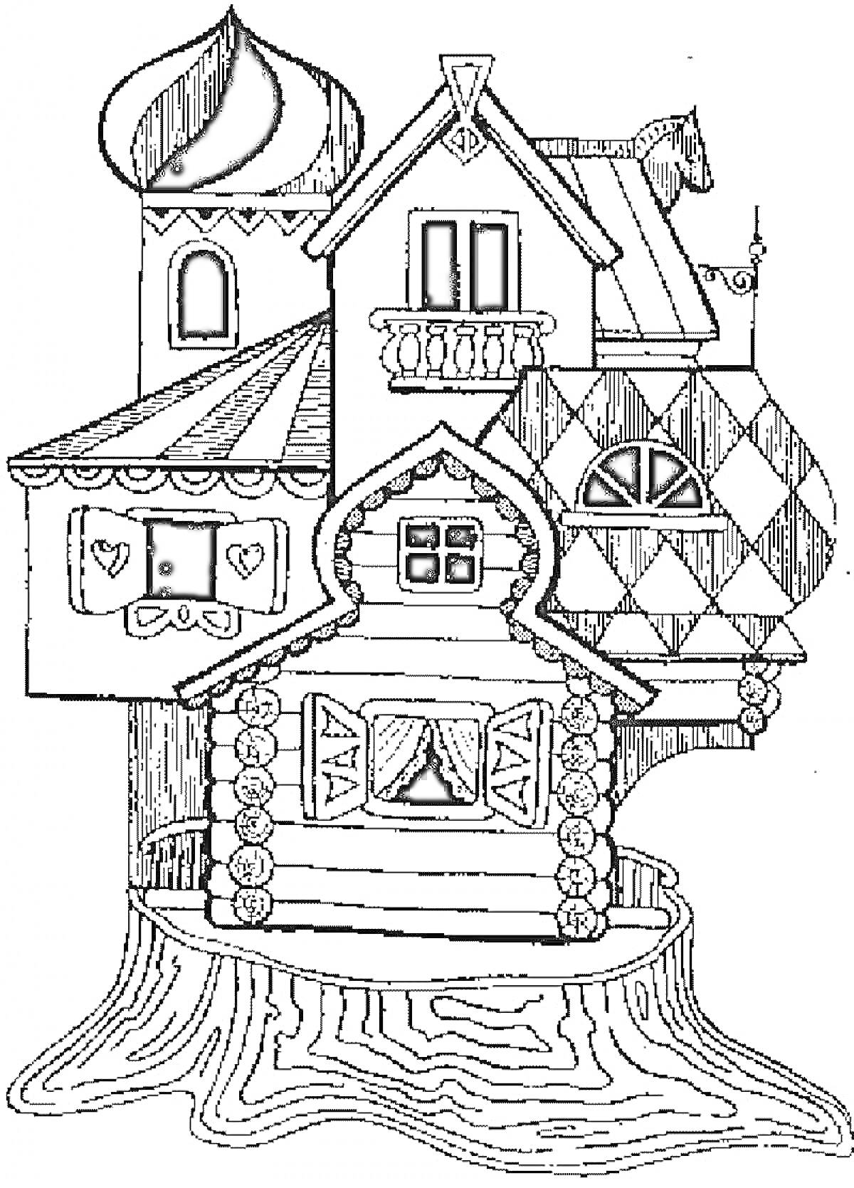 Раскраска Теремок с башенкой, балконом, окнами с занавесками, узором в виде ромбов и сердечек на стенах, стоящий на пне