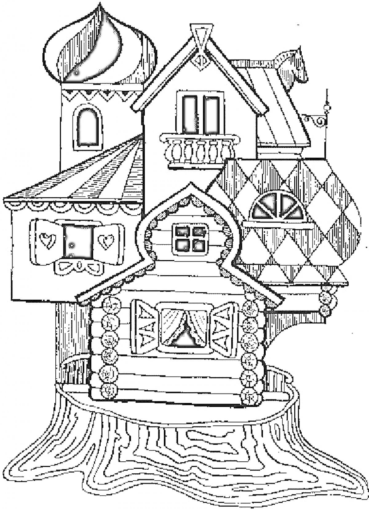 На раскраске изображено: Теремок, Дом, Из сказок, Русская сказка, Пень, Балкон, Окна, Занавески, Узоры, Ромбы, Сердечки