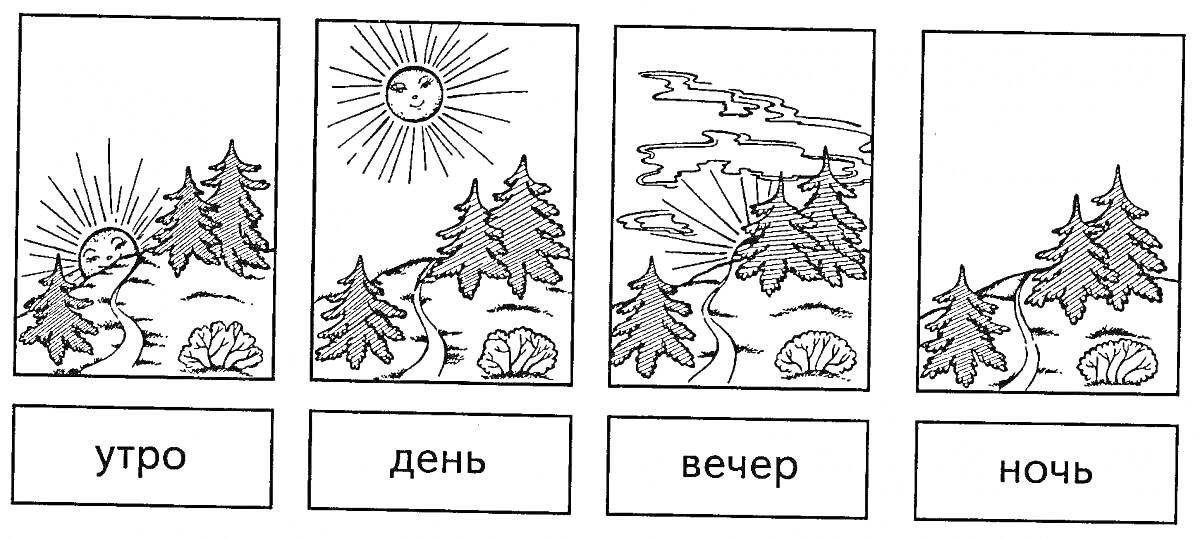 Раскраска Времена дня в природе с деревьями и кустами