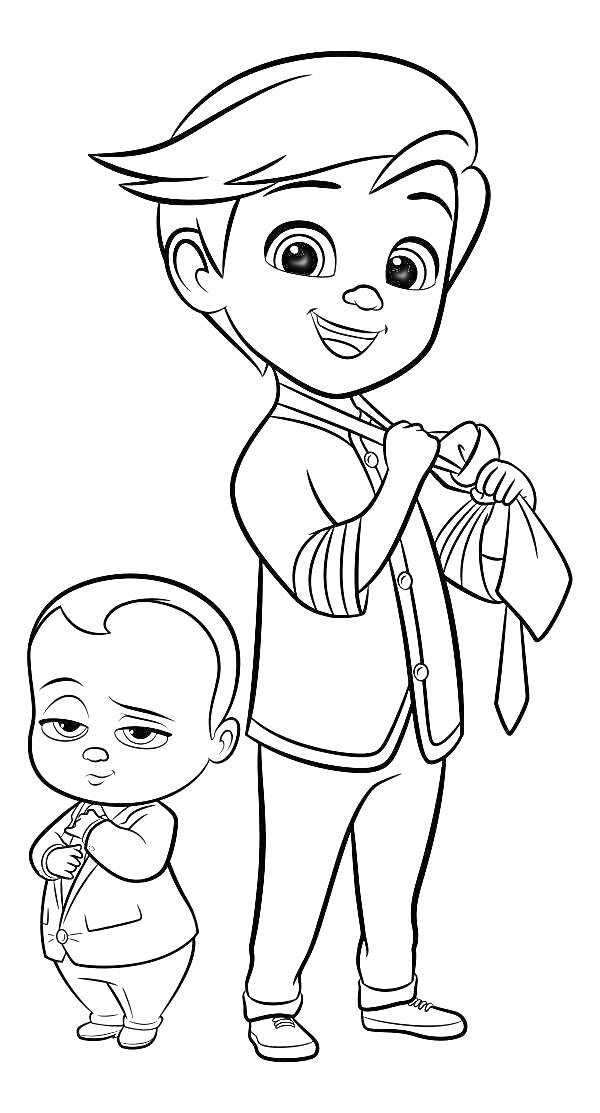 Раскраска Два мальчика в костюмах, один из которых завязывает галстук