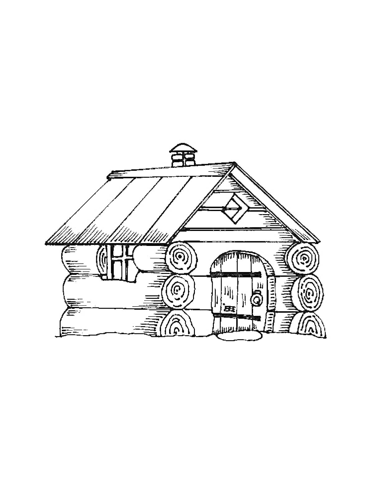 Деревянная изба с бревенчатыми стенами, двускатной крышей, дверью с арочным верхом и небольшим окном под крышей.