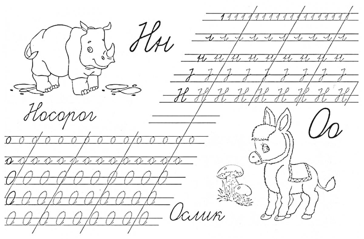 Раскраска Носорог, Ослик, прописные буквы Нн и Оо, тренировка написания букв, объект рисования носорог и ослик