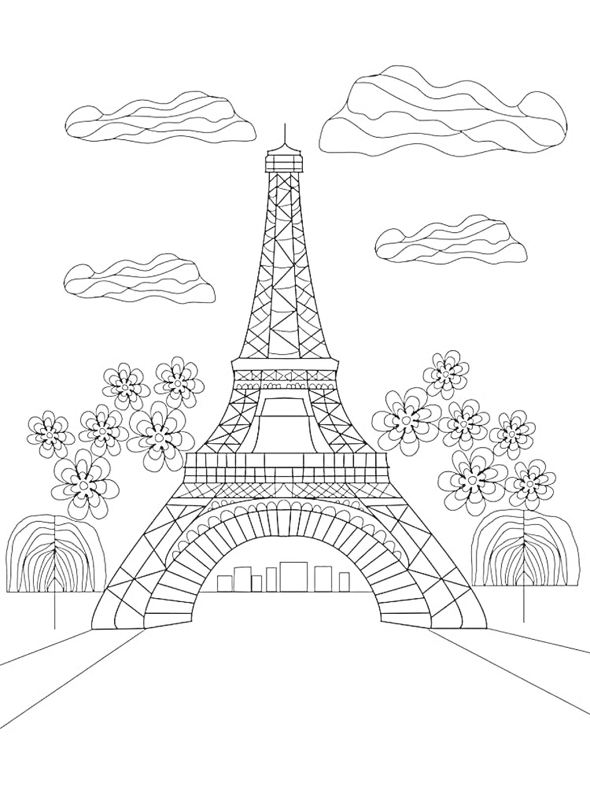 На раскраске изображено: Эйфелева башня, Париж, Франция, Архитектура, Природа, Облака, Деревья, Цветы
