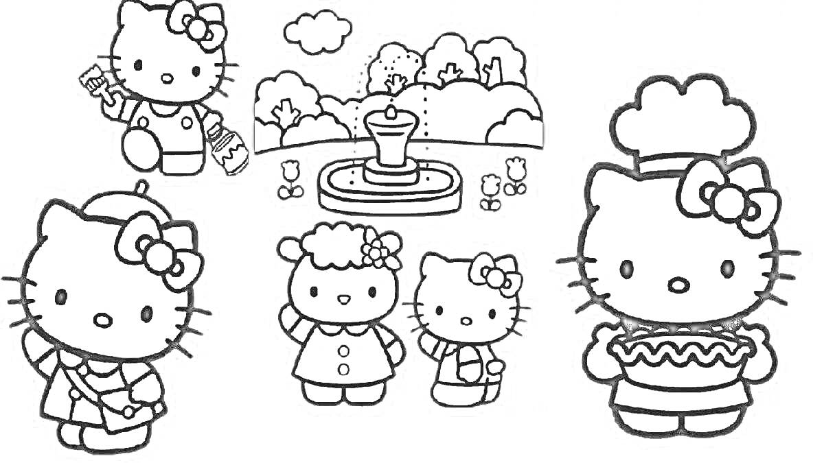 На раскраске изображено: Hello Kitty, Одежда, Фонтан, Друзья, Пирог, Повар, Природа, Деревья, Листья