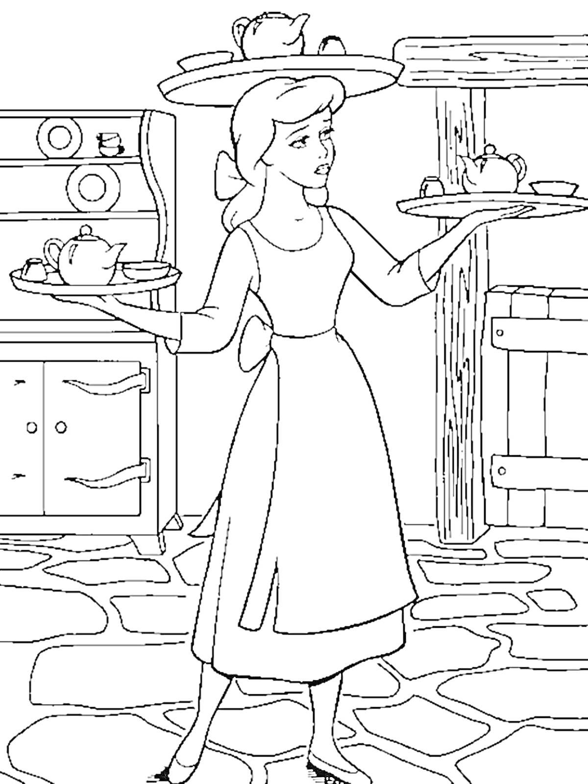 Раскраска Золушка в кухне с чайниками и подносами