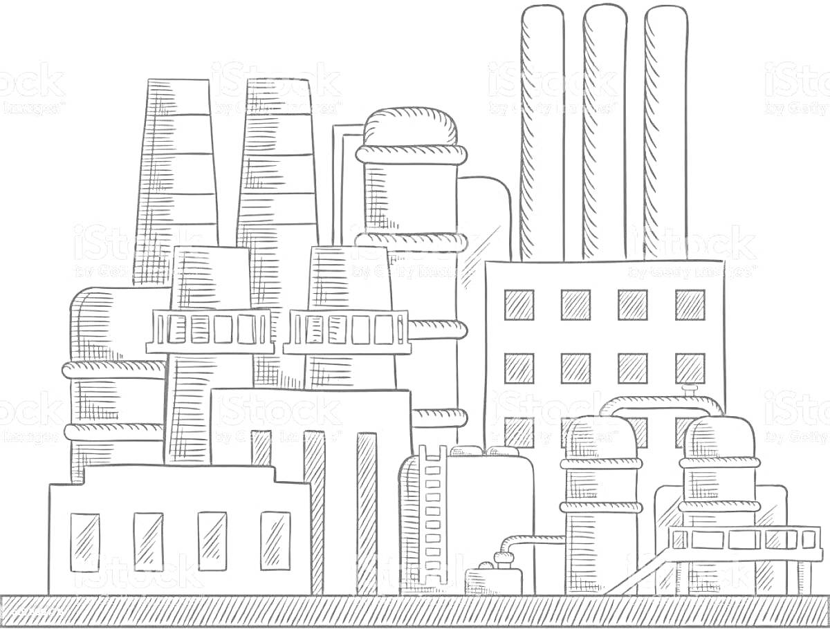 Раскраска Завод с трубами, зданиями и машинами