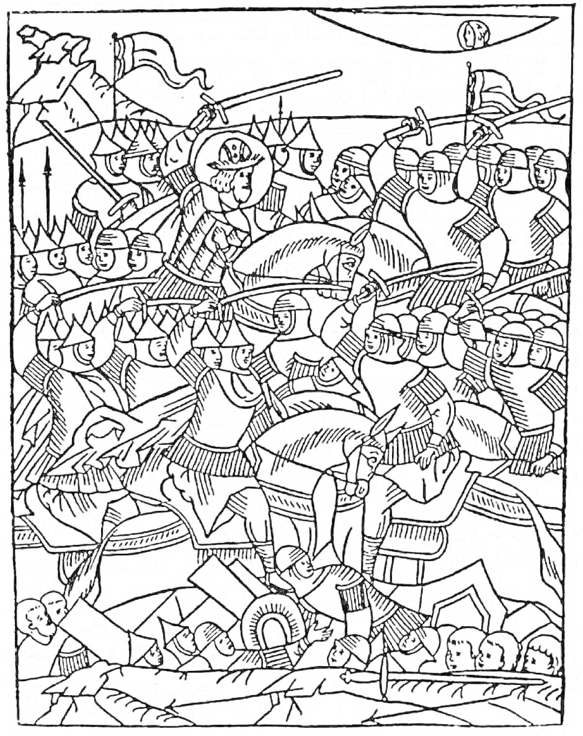 На раскраске изображено: Битва, Средневековье, Рыцари, Кони, Оружие, Доспехи, Сражение
