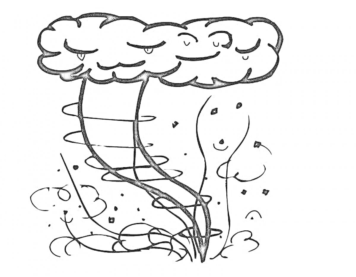 На раскраске изображено: Торнадо, Ветер, Листья, Завихрения, Природа, Улыбка