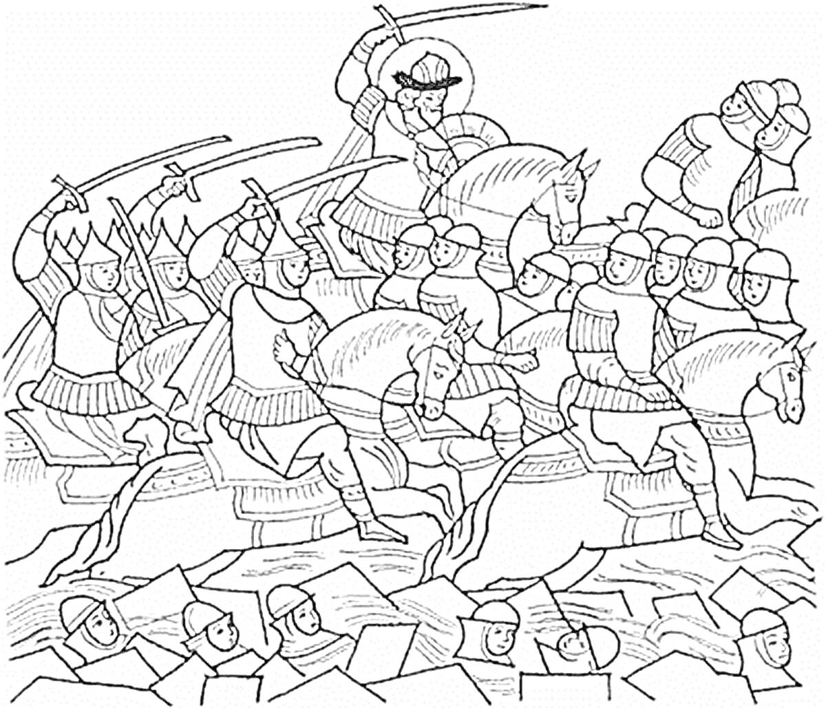 На раскраске изображено: Куликовская битва, Сражение, Рыцари, Копья, Историческая битва, Средневековье, Война