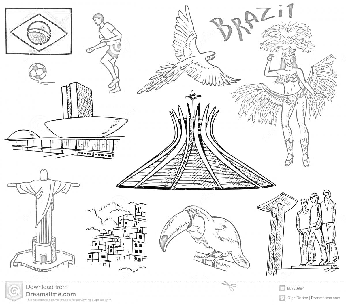 На раскраске изображено: Бразилия, Флаг, Футбол, Птица, Танцевать, Здания, Тукан, Скульптура
