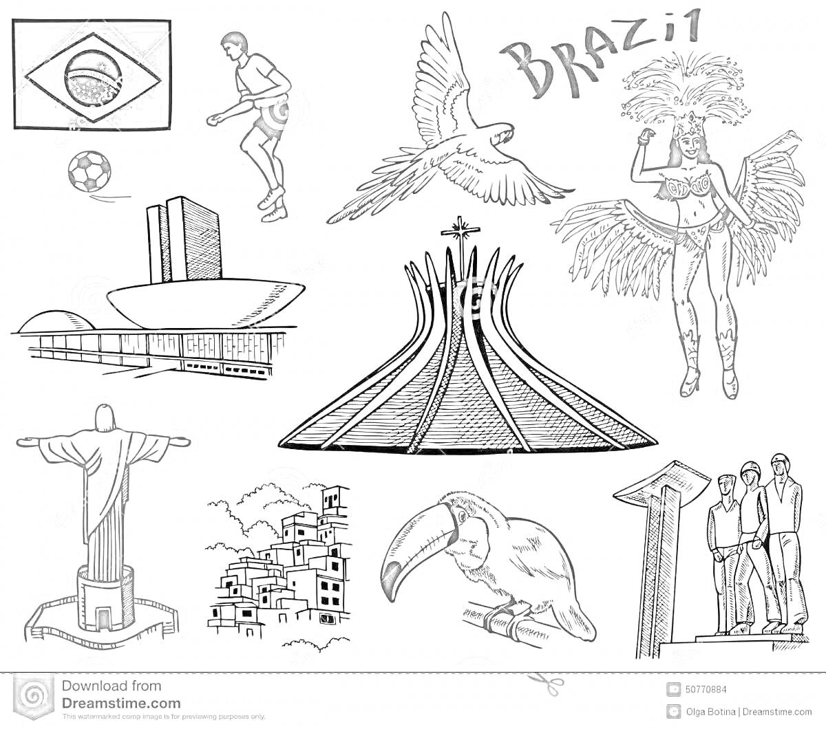Раскраска Коллаж на тему Бразилии с символами страны, включая флаг Бразилии, футбол, человека с футбольным мячом, Государственный Конгресс Бразилии, птицу, танцовщицу самбы, памятник 