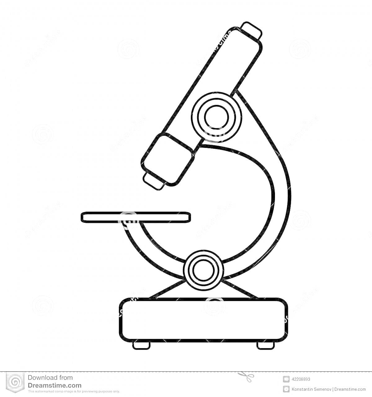 Раскраска с изображением микроскопа, включающая окуляр, тубус, револьвер, предметный столик, зеркало, ручки настройки и основание