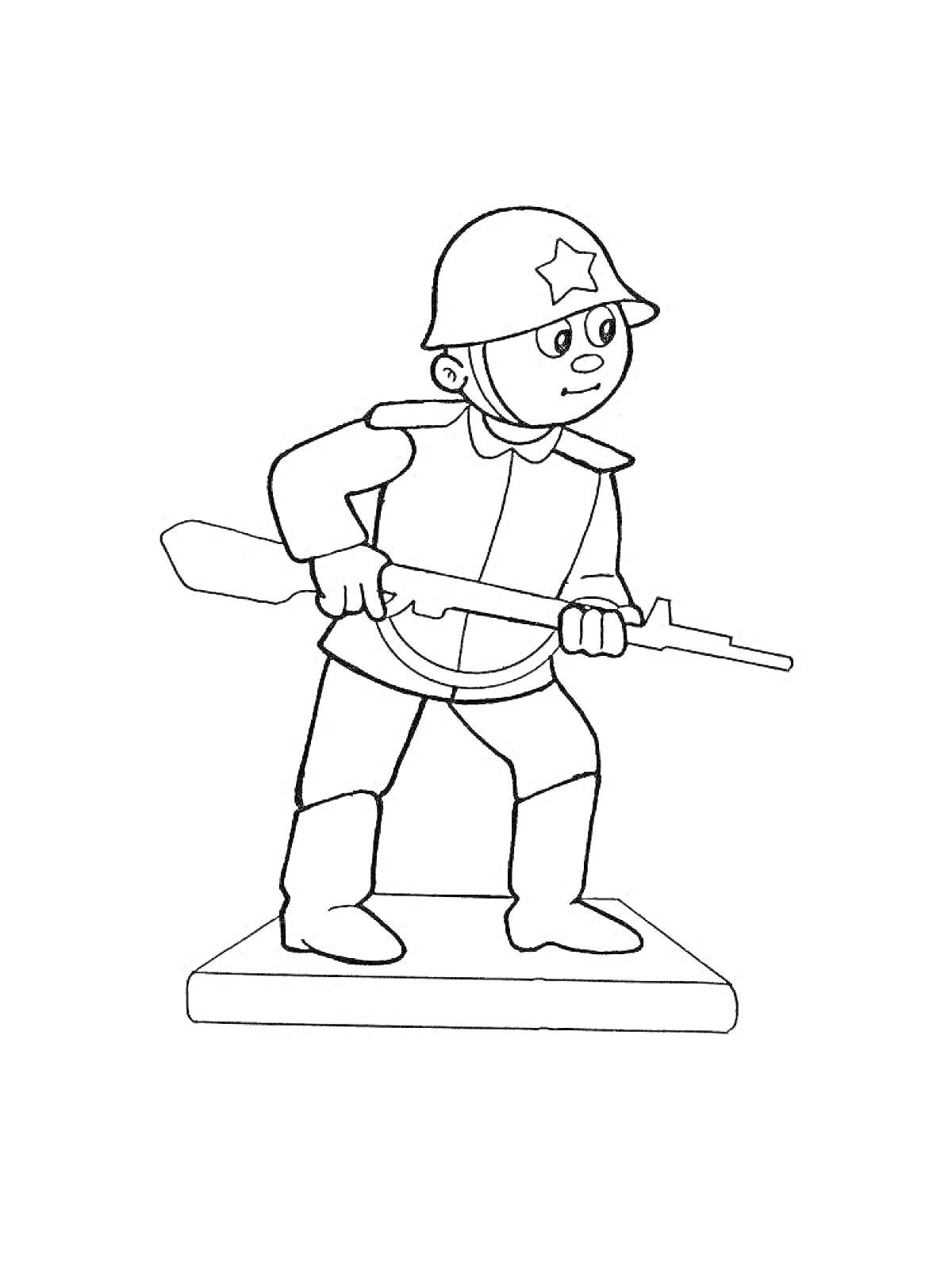 Раскраска Солдатик в каске со звездой, с ружьем в руках, стоящий на платформе