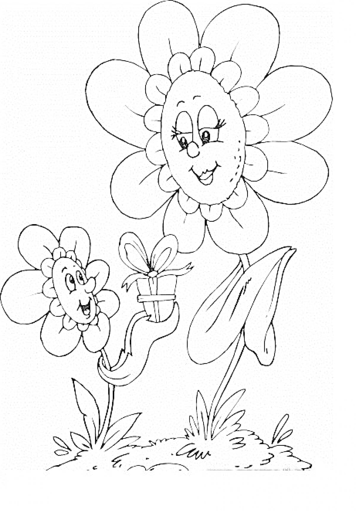 Раскраска Две цветочные персонажи, один из них маленький дарит подарок большому