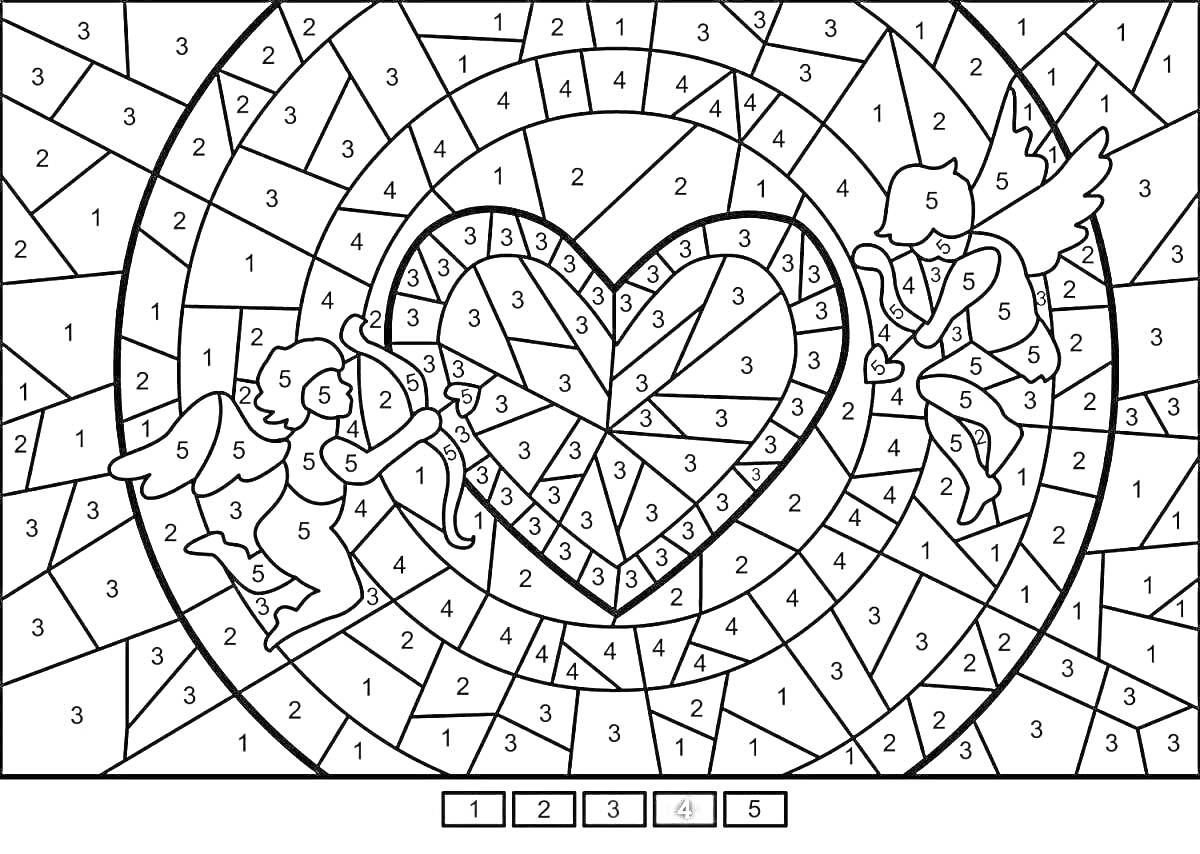 Раскраска Цветная мозаика с сердцем и двумя ангелами
