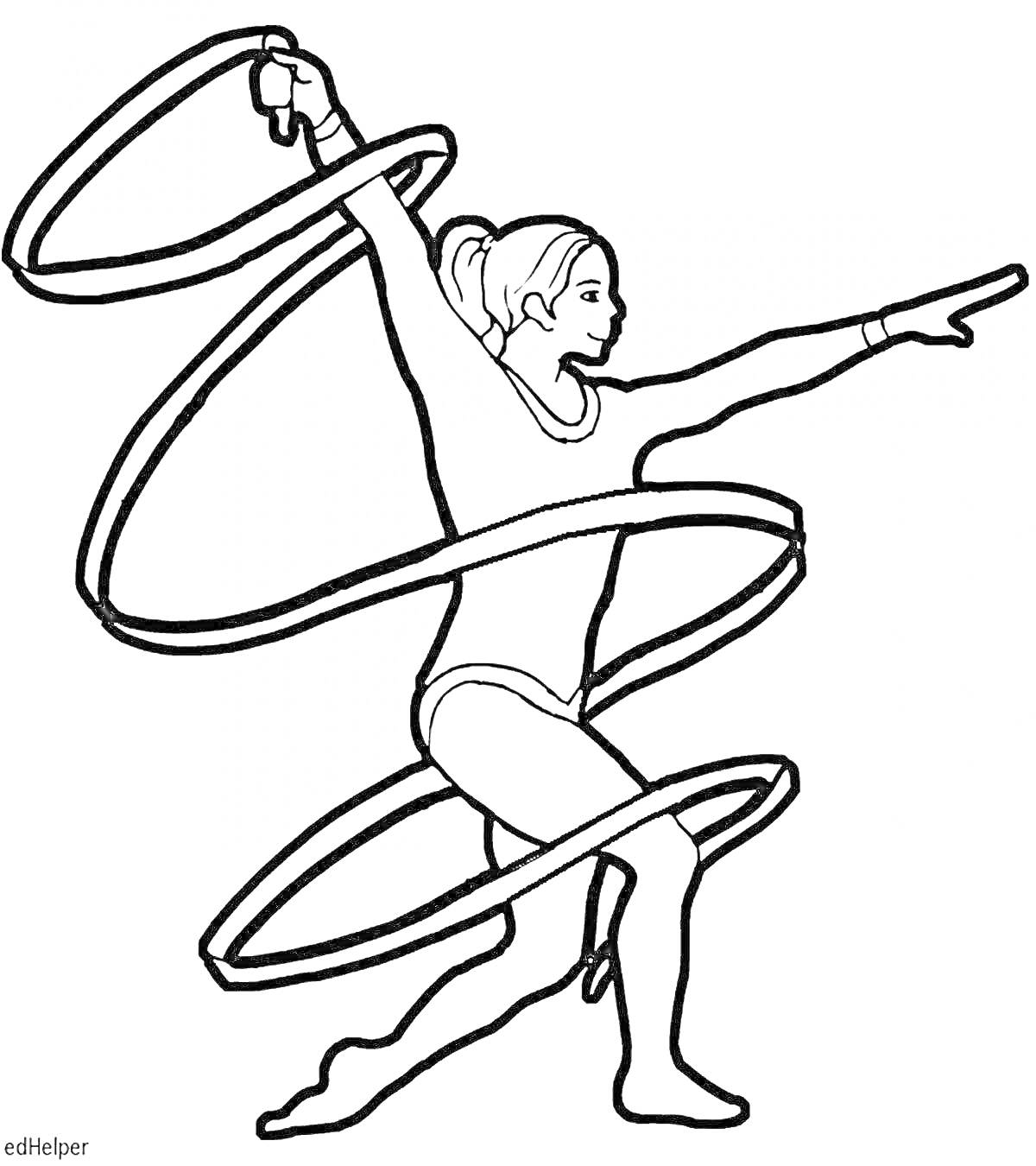 Раскраска Художественная гимнастика с лентой, гимнастка в позе с поднятой рукой и ленточкой, закрученной вокруг её тела