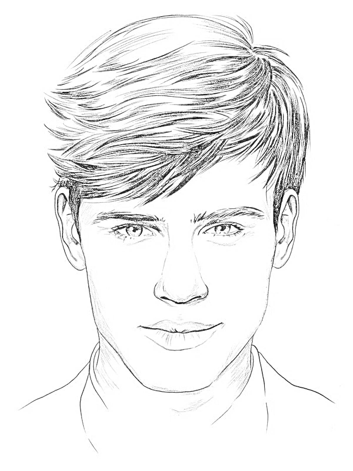 Раскраска Лицо мужчины с короткими волосами и прямым носом, вид спереди.