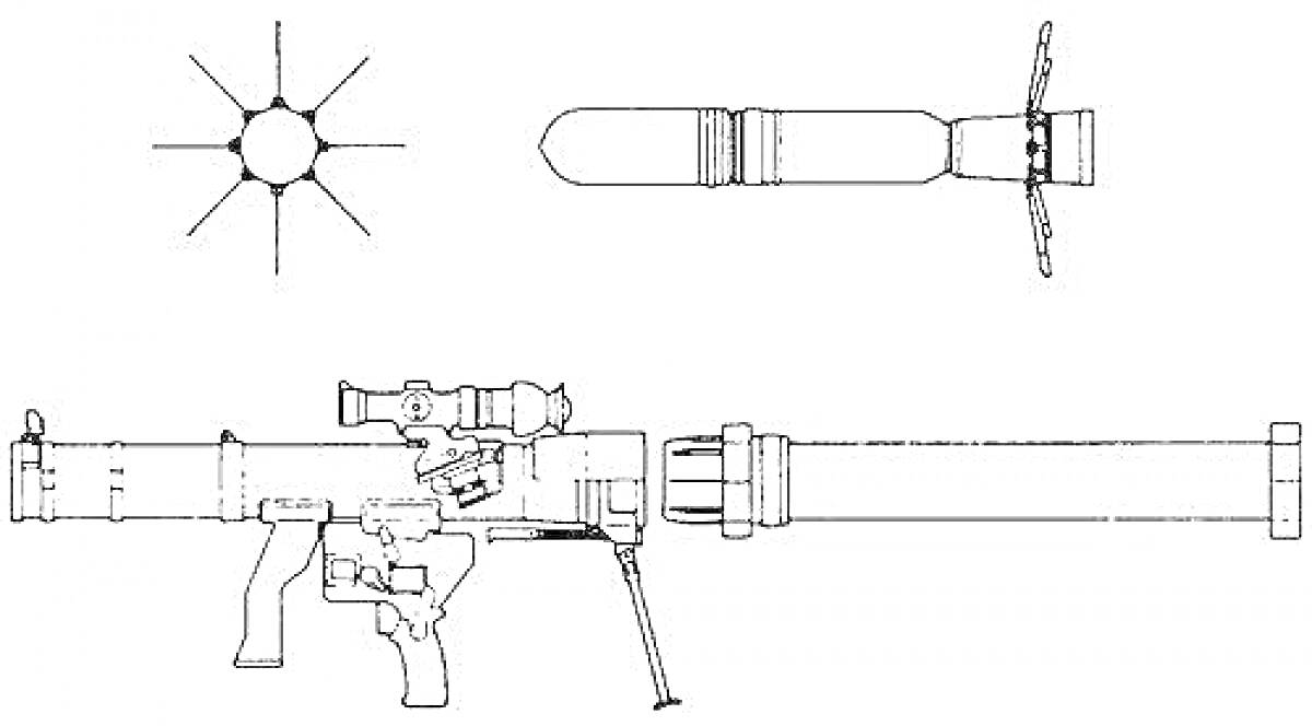 Раскраска Базука с прицелом, снарядом и взрывом