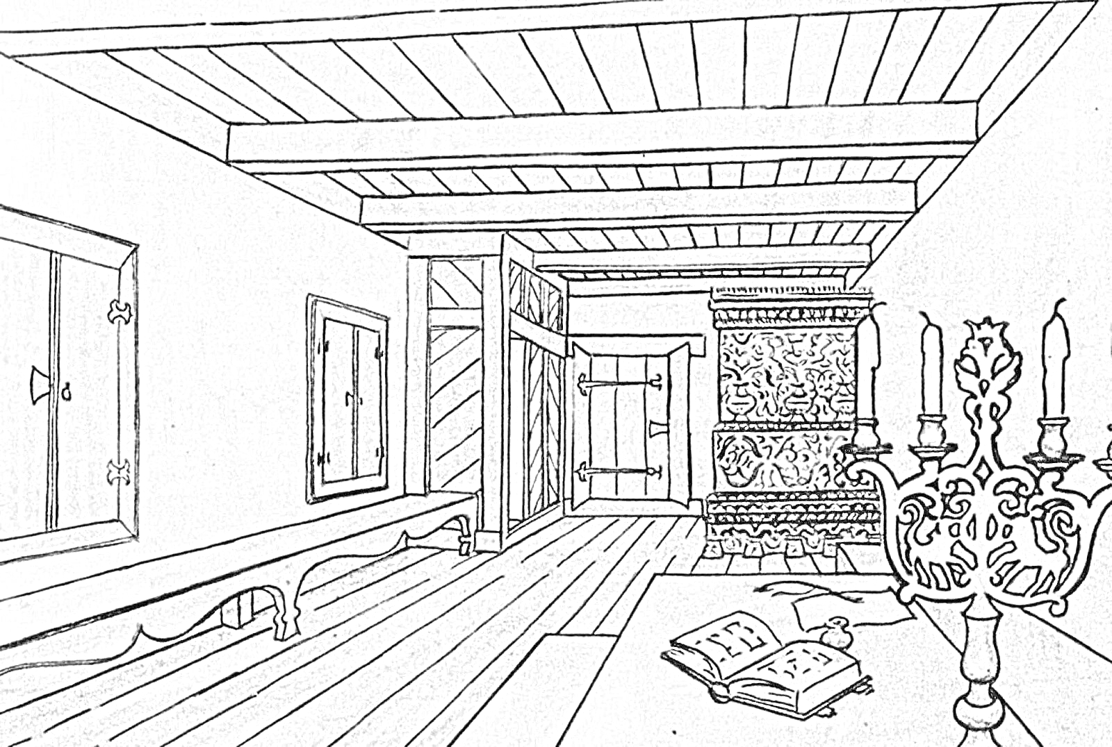 На раскраске изображено: Комната, Окна, Дверь, Лавка, Плита, Канделябр, Книга, Средневековье, Архитектура
