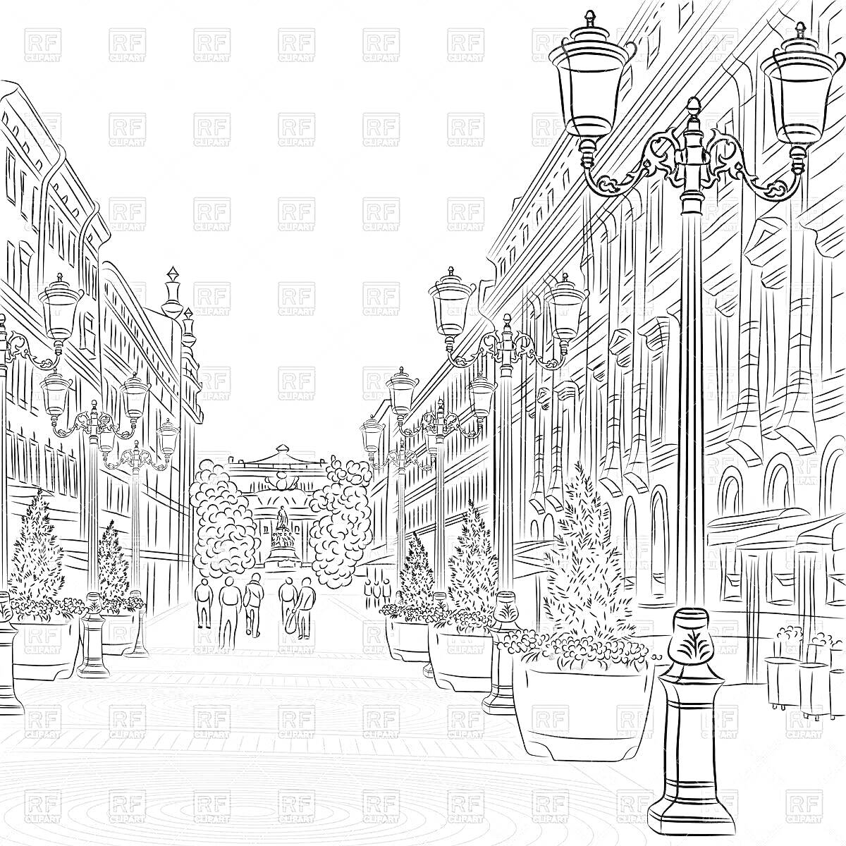 Раскраска Вид на дворцовую площадь с фонарями, исторической архитектурой, большими уличными вазами с деревьями и людьми вдалеке