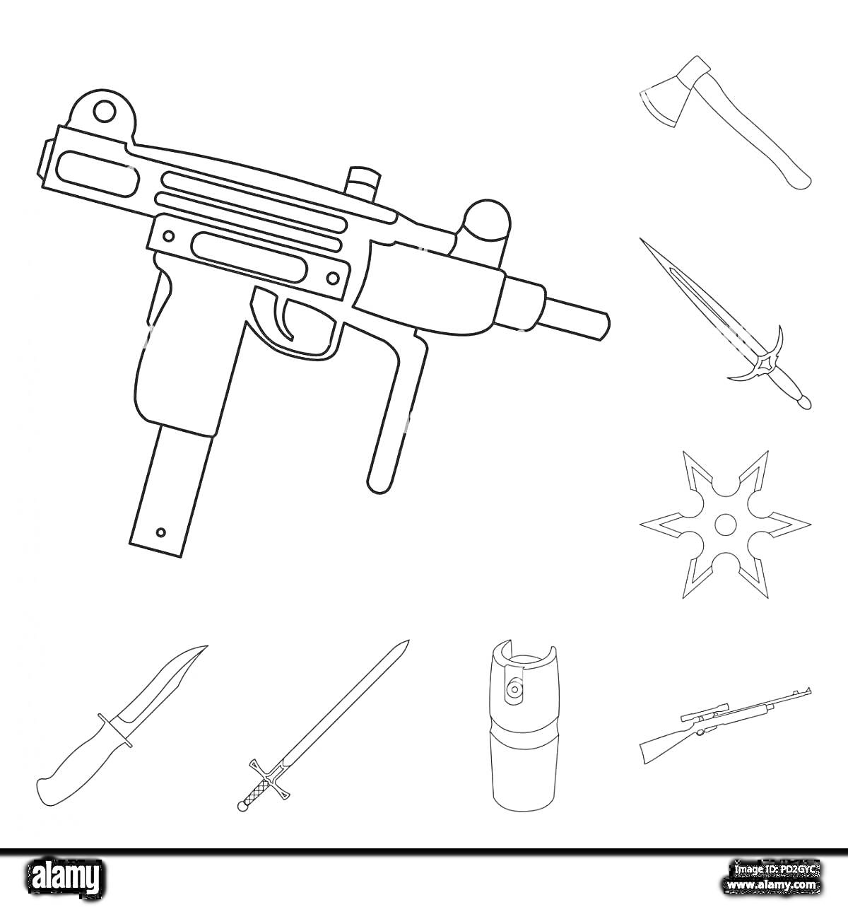 На раскраске изображено: Оружие, Пистолет-пулемет, Узи, Сюрикен, Нож, Меч, Баллончик, Винтовка