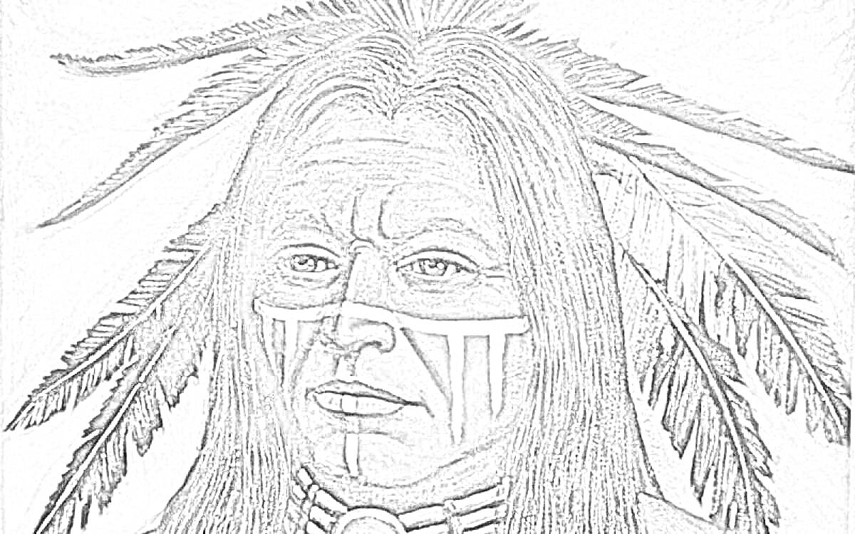 На раскраске изображено: Индейцы, Воин, Перья, Традиционная одежда, Лицо, Портреты