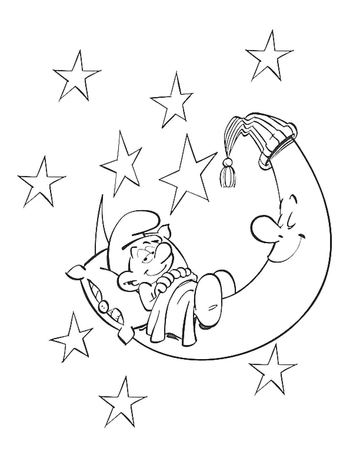 Раскраска Спящий гном на улыбающейся луне с ночным колпаком, окружённый звёздами