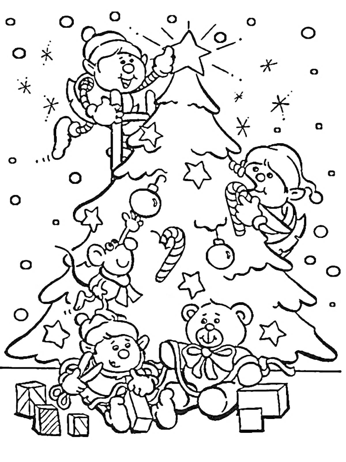 На раскраске изображено: Новый год, Игрушки, Подарки, Украшения, Для детей, Звезды, Елки, Медведь, Праздники, Зимние праздники