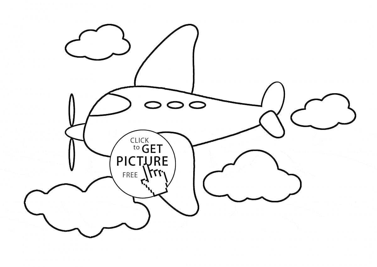 На раскраске изображено: Самолетик, Облака, Небо, Для малышей, Иллюминаторы