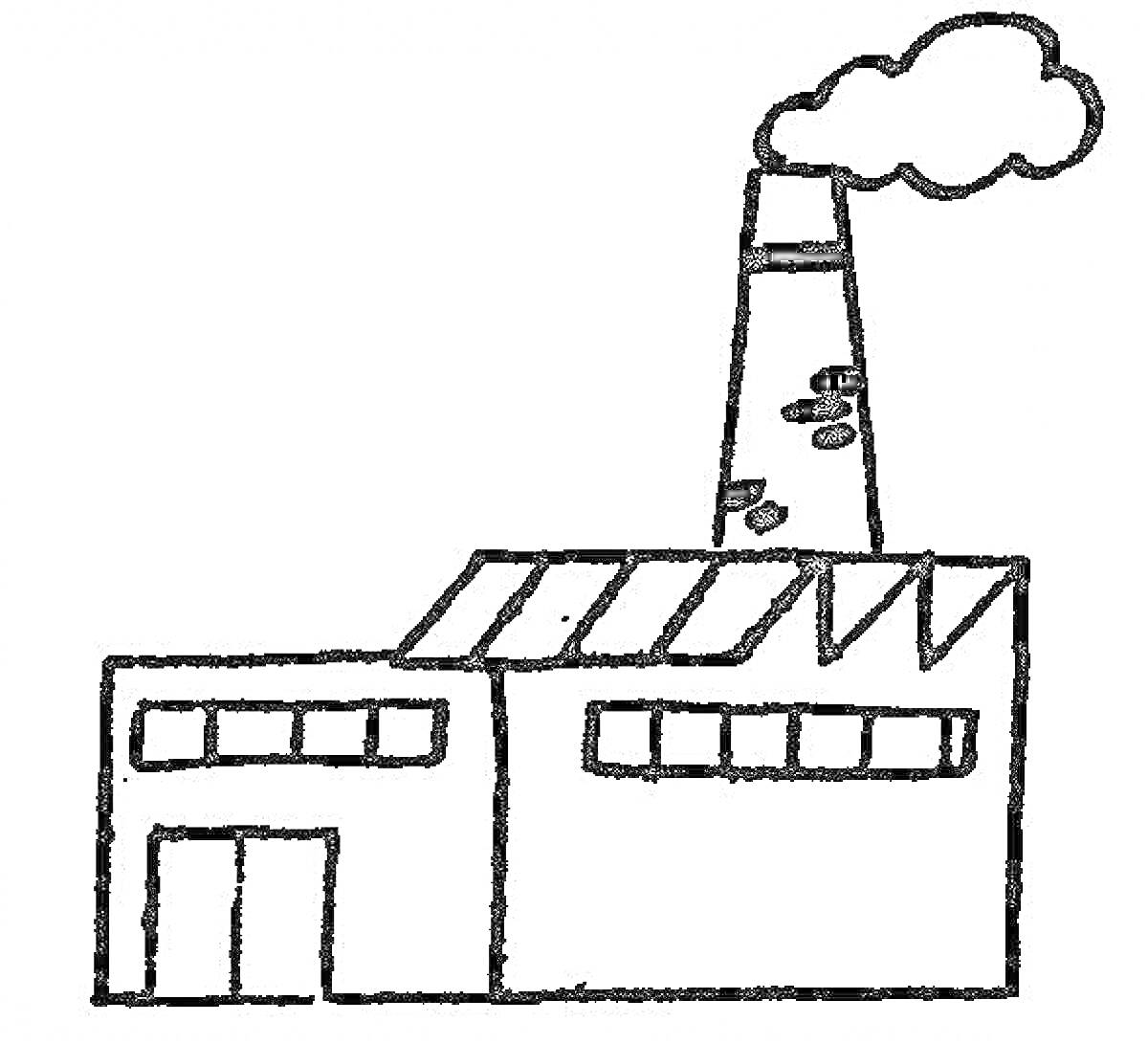На раскраске изображено: Завод, Труба, Дым, Окна, Здание, Фабрика