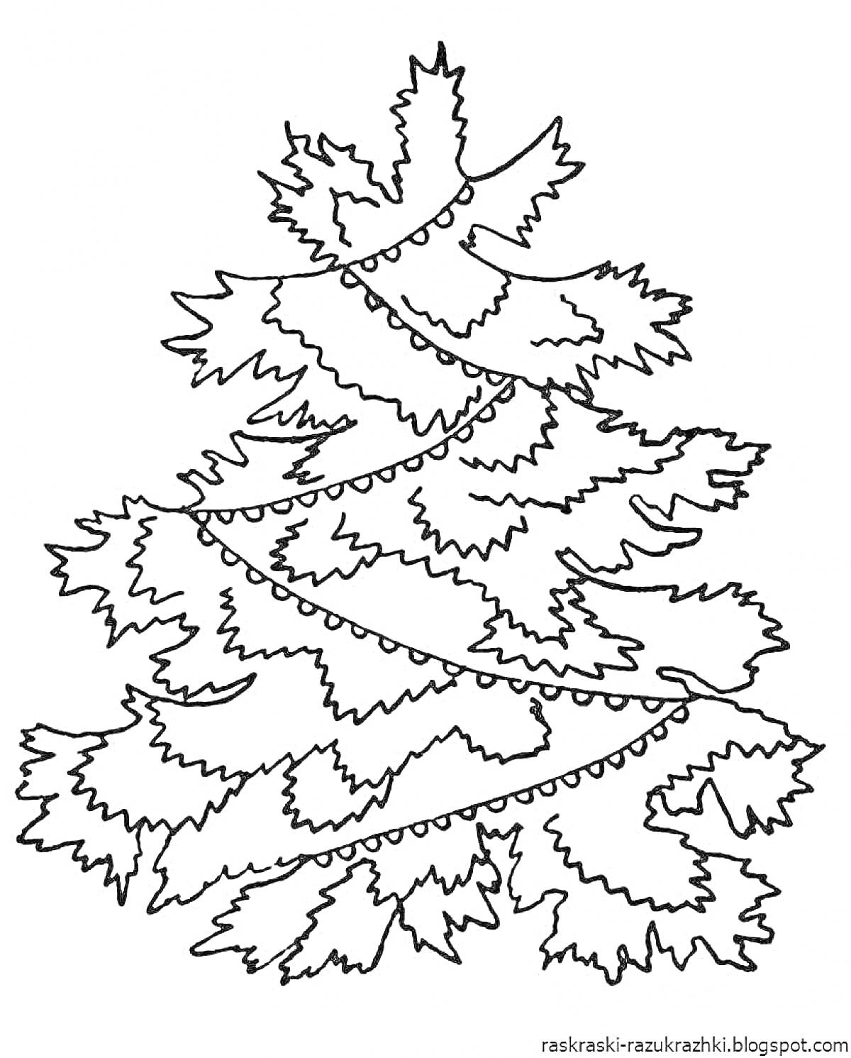 На раскраске изображено: Новогодняя елка, Гирлянда, Новогодний декор, Праздничное дерево