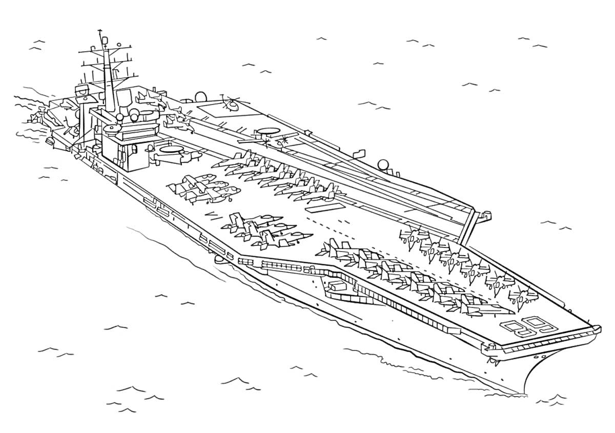 На раскраске изображено: Авианосец, Палуба, Море, Корабль, Военный