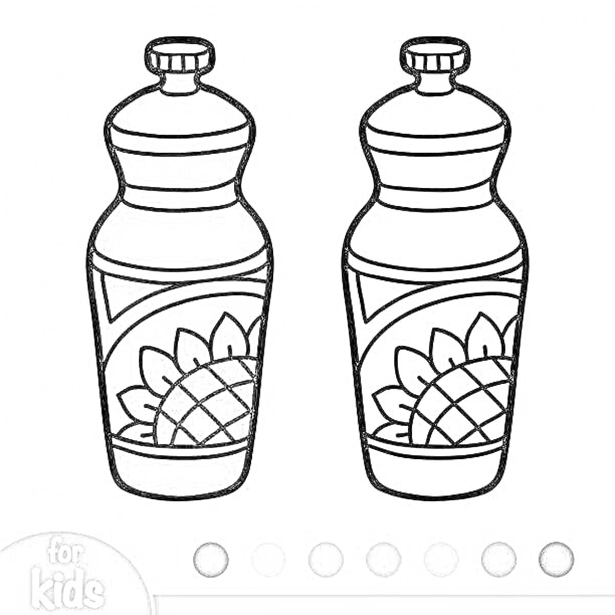 Раскраска Две бутылки с подсолнечным маслом, одна разукрашенная, вторая контурная, с рисунком подсолнечника