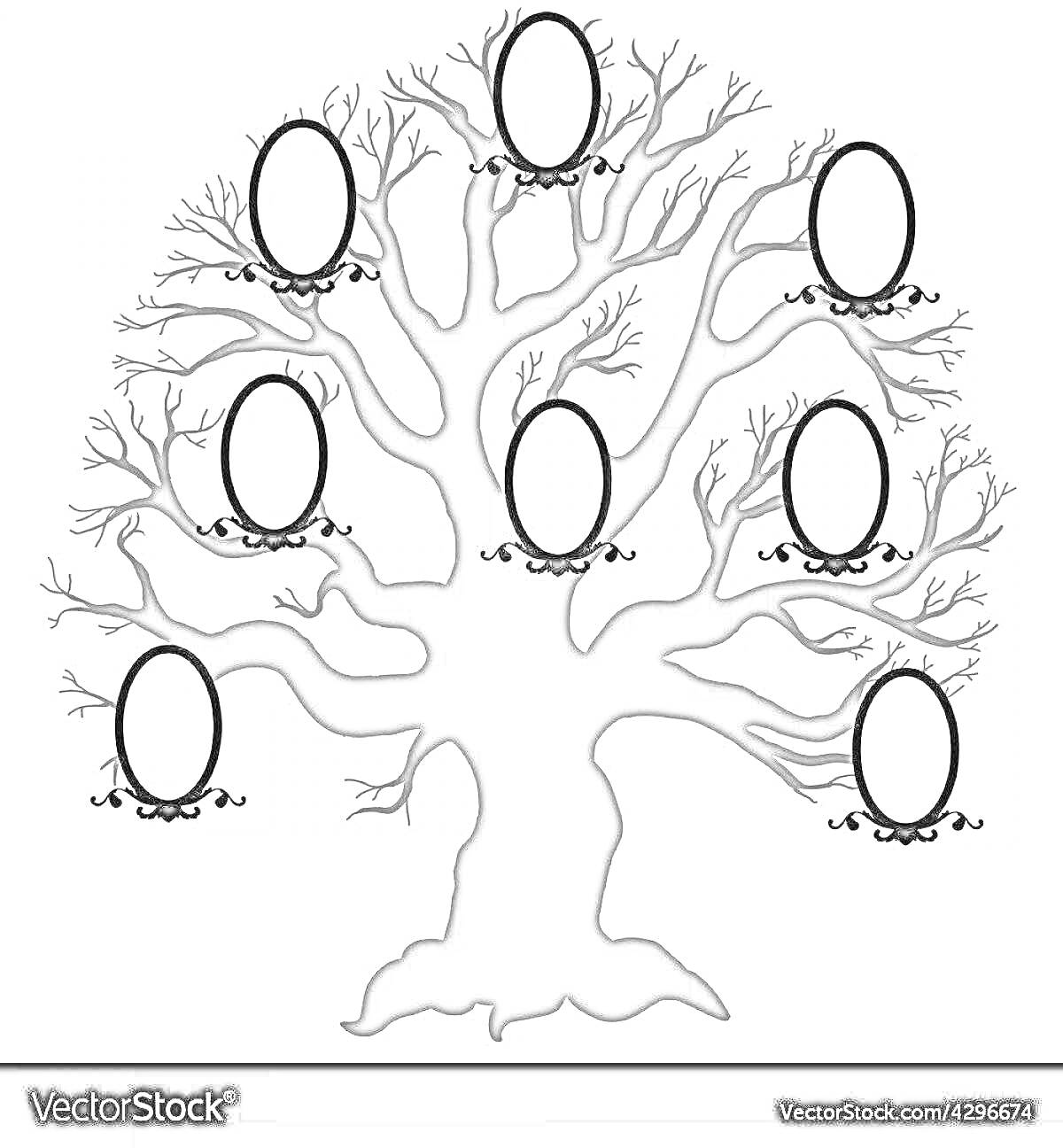 Раскраска Генеалогическое древо семьи с семью рамками для фотографий