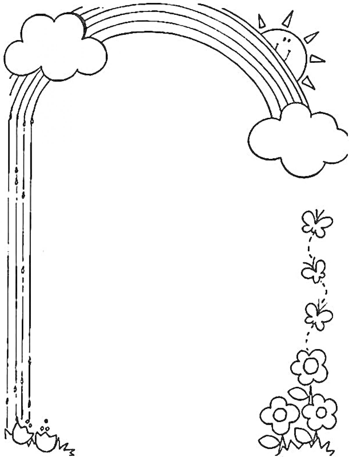 Раскраска Радуга с облаками, солнцем и цветами