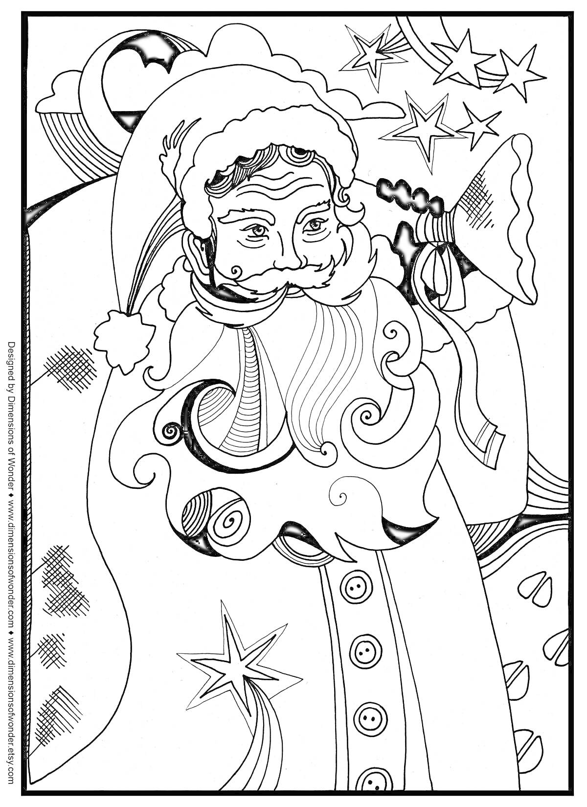 Раскраска Старичок лесовичок с бородой в шапке, с сумкой и звездами, в узорчатом плаще