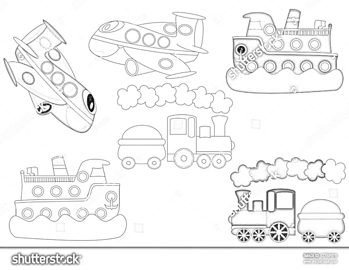 На раскраске изображено: Транспорт, Ракета, Паровоз, Пароход, Контурные рисунки, Для детей, Грузовая машина, Самолеты