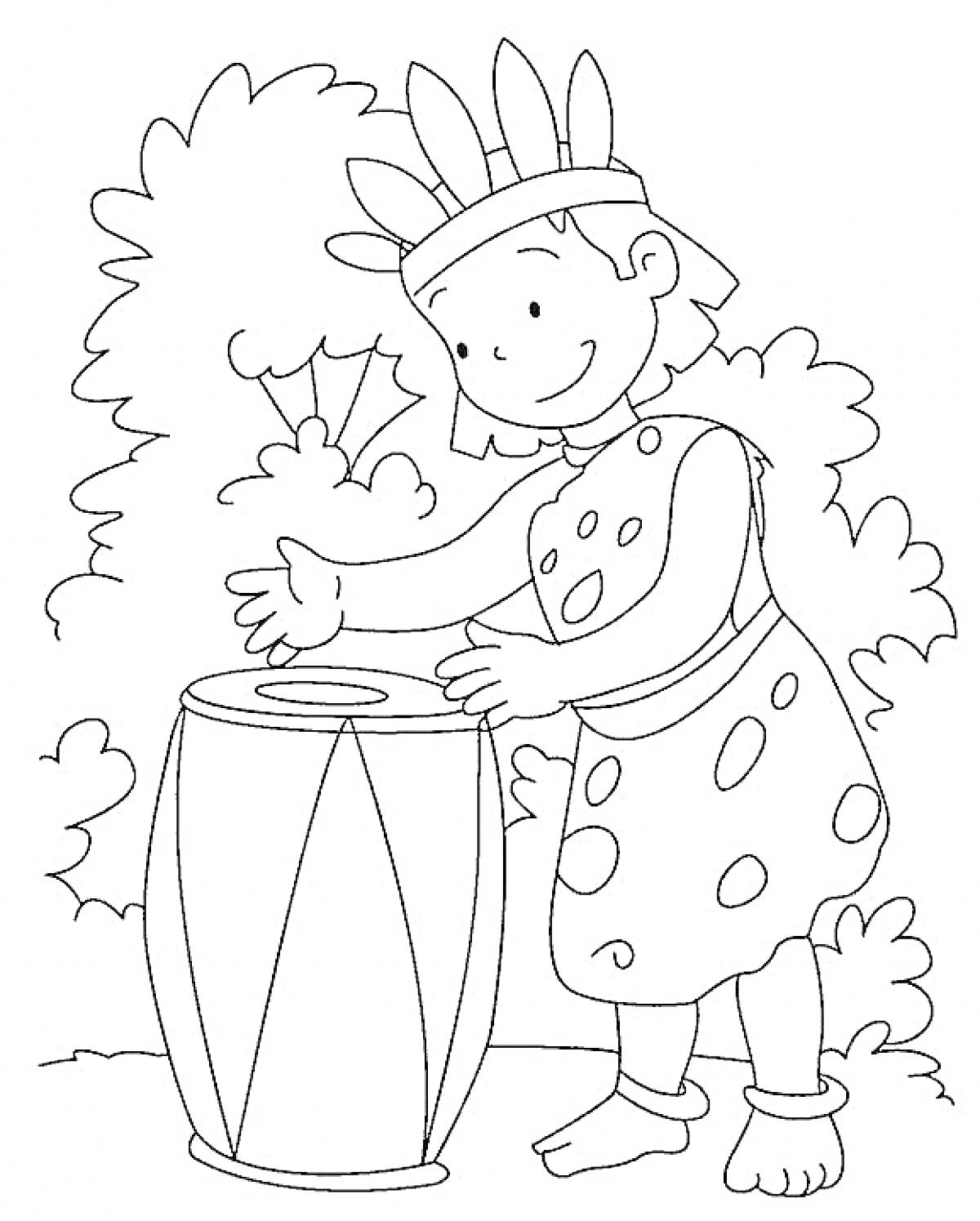 На раскраске изображено: Барабан, Ребенок, Индейский головной убор, Деревья, Природа, Музыка, Ударный инструмент