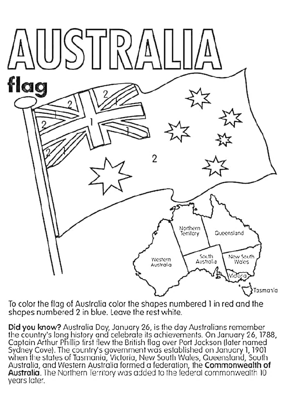 Раскраска Раскраска с флагом Австралии и контурной картой штатов и территорий