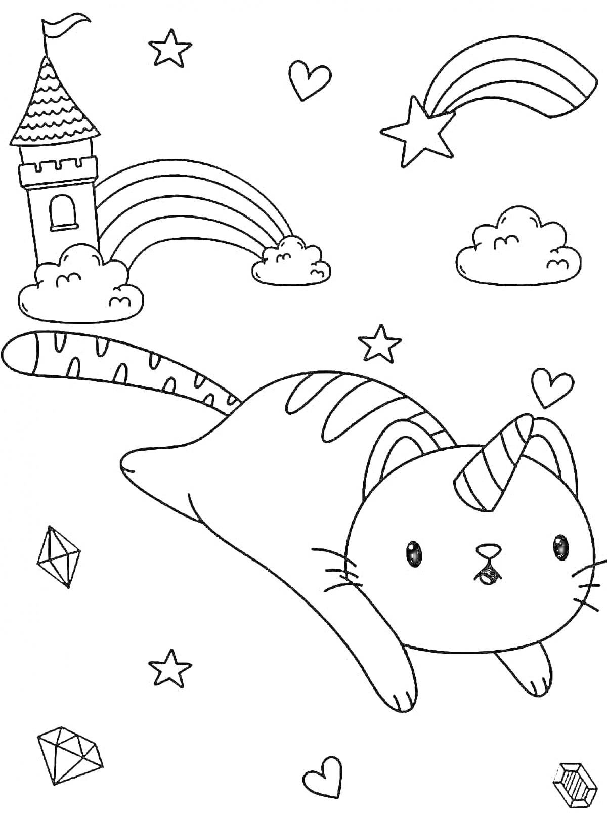 На раскраске изображено: Кот, Замок, Облака, Звезды, Алмаз, Единороги, Радуги, Сердца