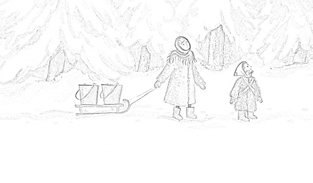 Раскраска Дети с санями, деревянный лес, зима, снегопад