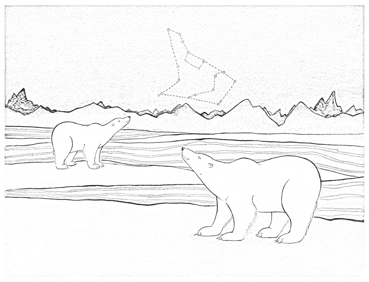 Раскраска Два белых медведя на льдине с северным сиянием и силуэтом медведя в небе, на фоне гор и морских волн