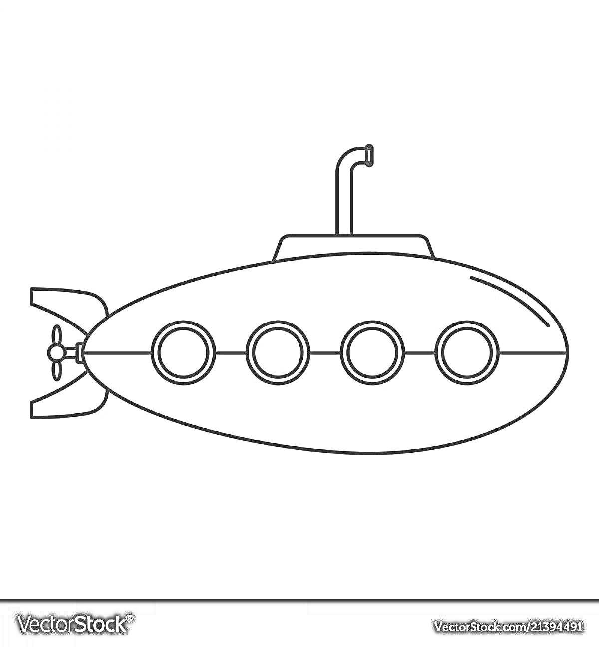 Раскраска Батискаф с пятью элементами: иллюминаторы, перископ, пропеллер, хвостовая часть, корпус