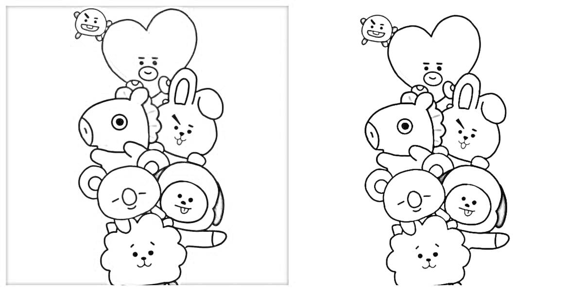 Персонажи BT21 в стопке друг на друге (сердце, медвежонок, динозавр, зайчик, лев, толстый пингвин, овечка, лампа-светильник)