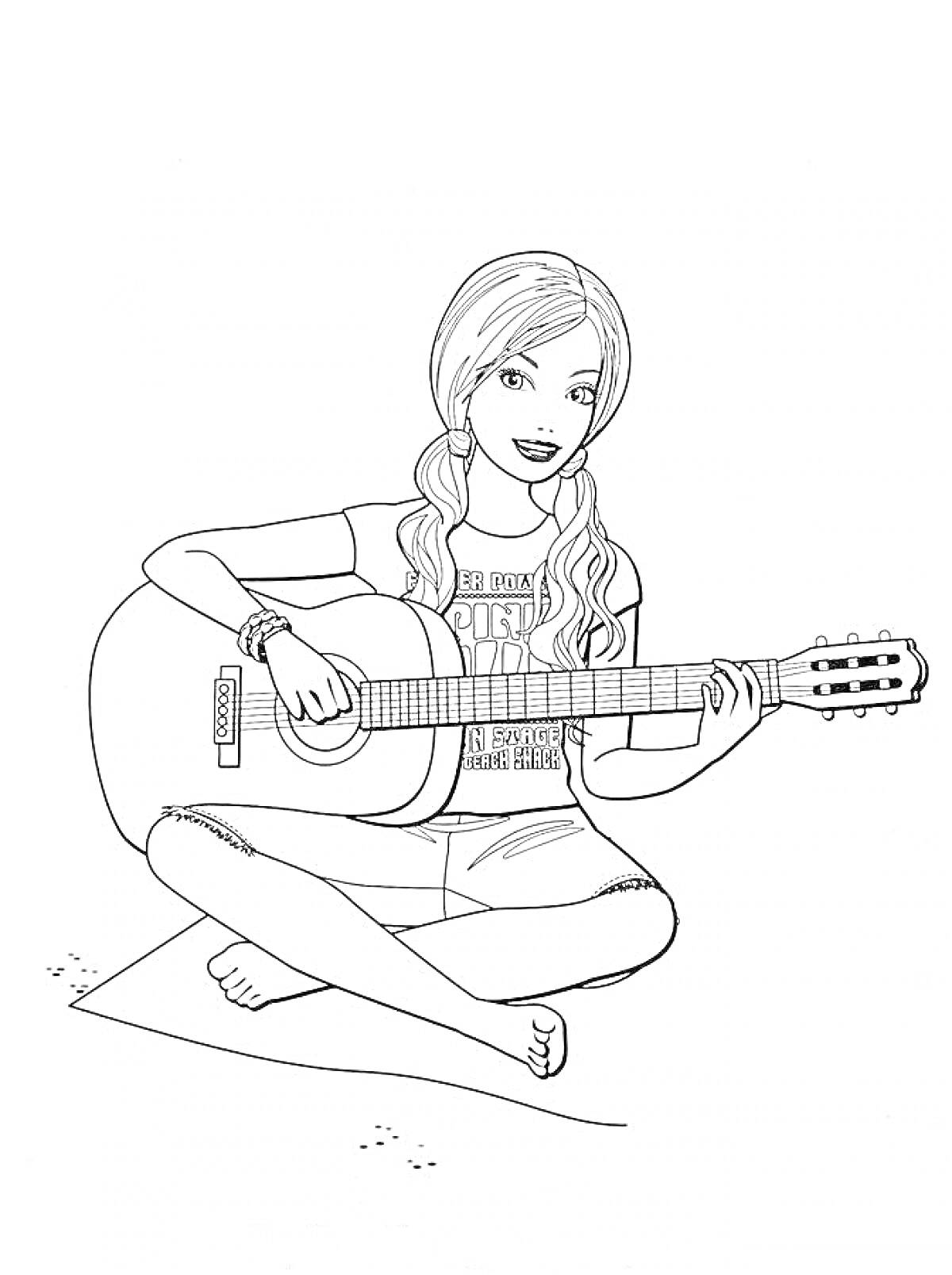 Раскраска Девушка с гитарой сидит на полу и играет