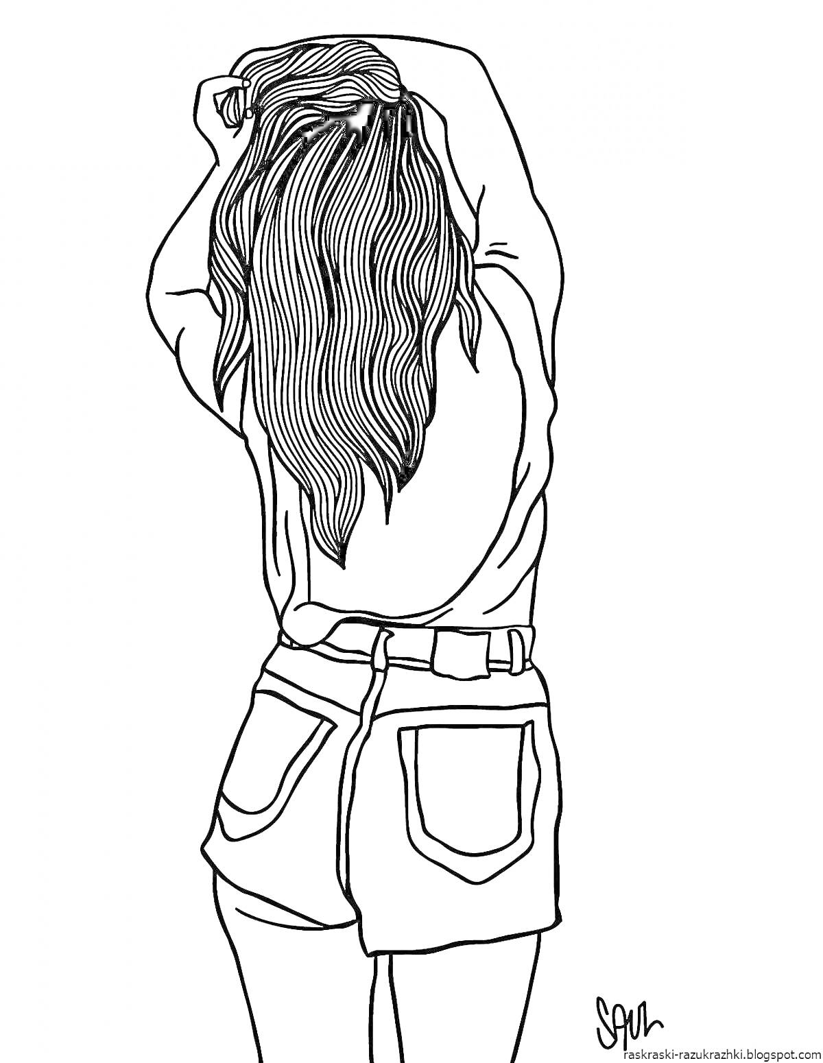 Раскраска Девушка с длинными волосами и высокими шортами, стоящая спиной
