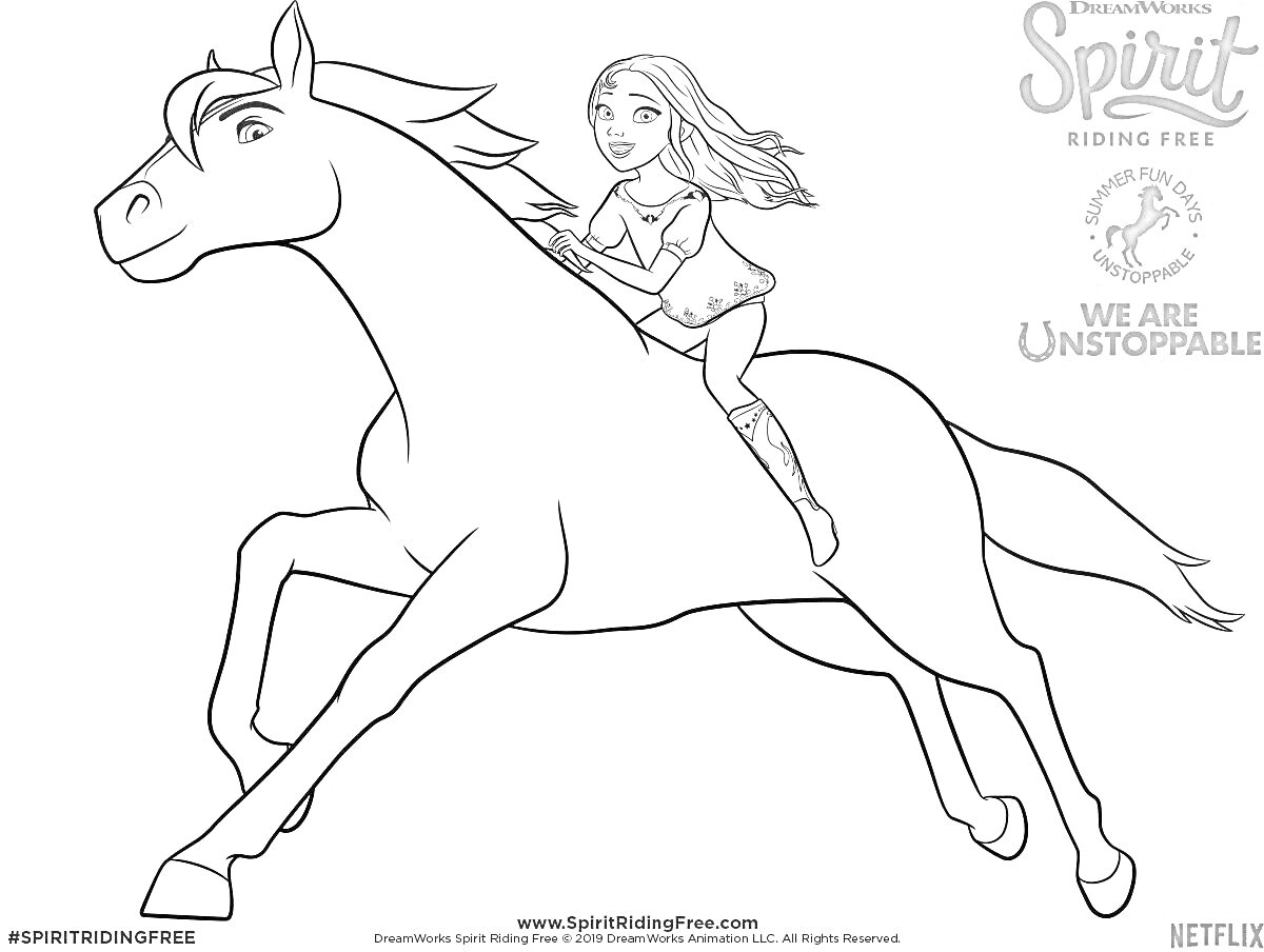На раскраске изображено: Лошадь, Ветер, Верховая езда, Спирит, Netflix, Приключения