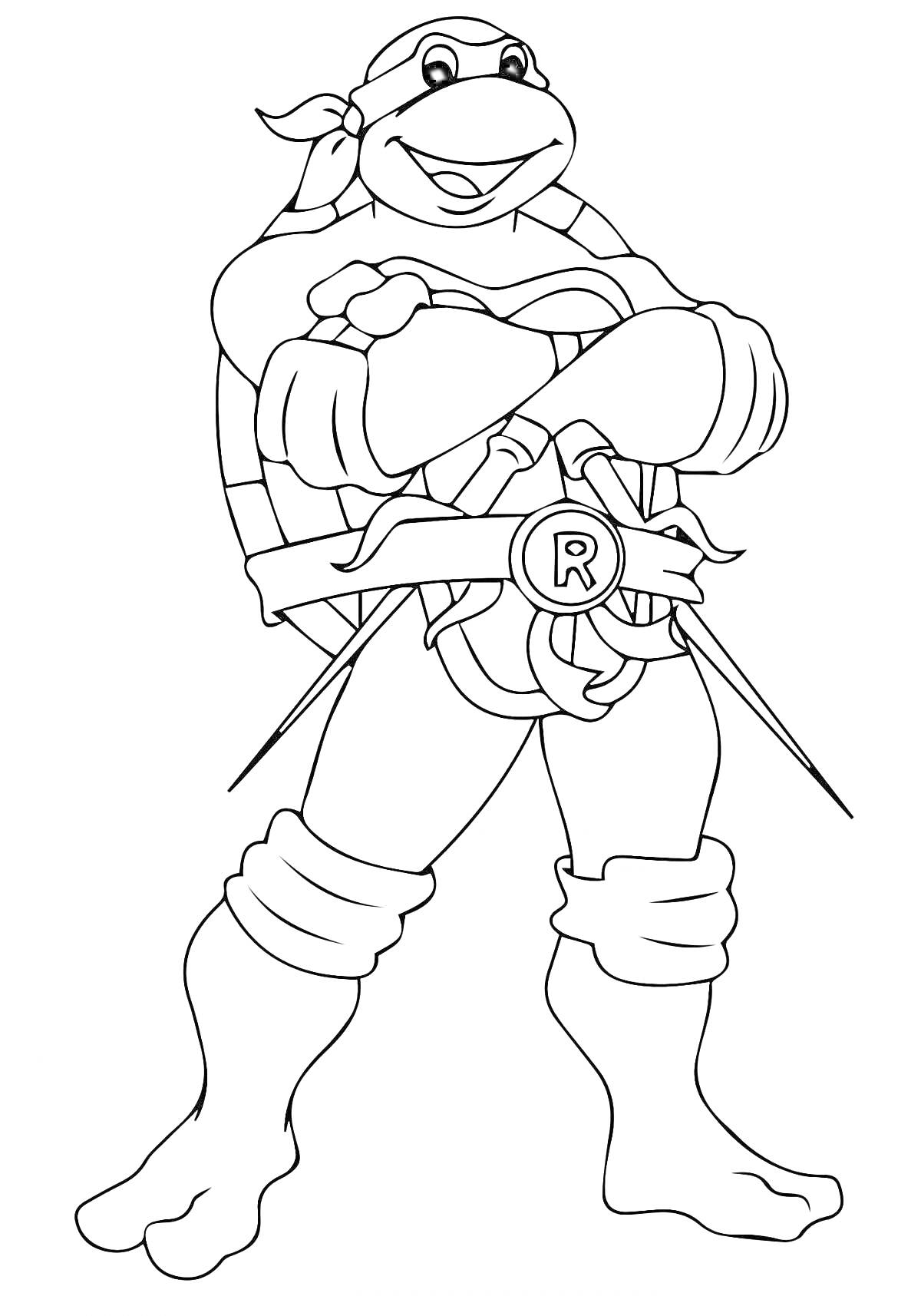 Раскраска Черепашка ниндзя с повязкой на глазах и оружием сай в руках
